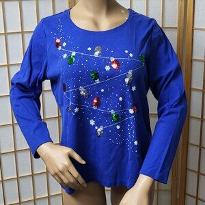 Karen Scott royal blue long sleeve Christmas holiday t-shirt sequin lights EUC
